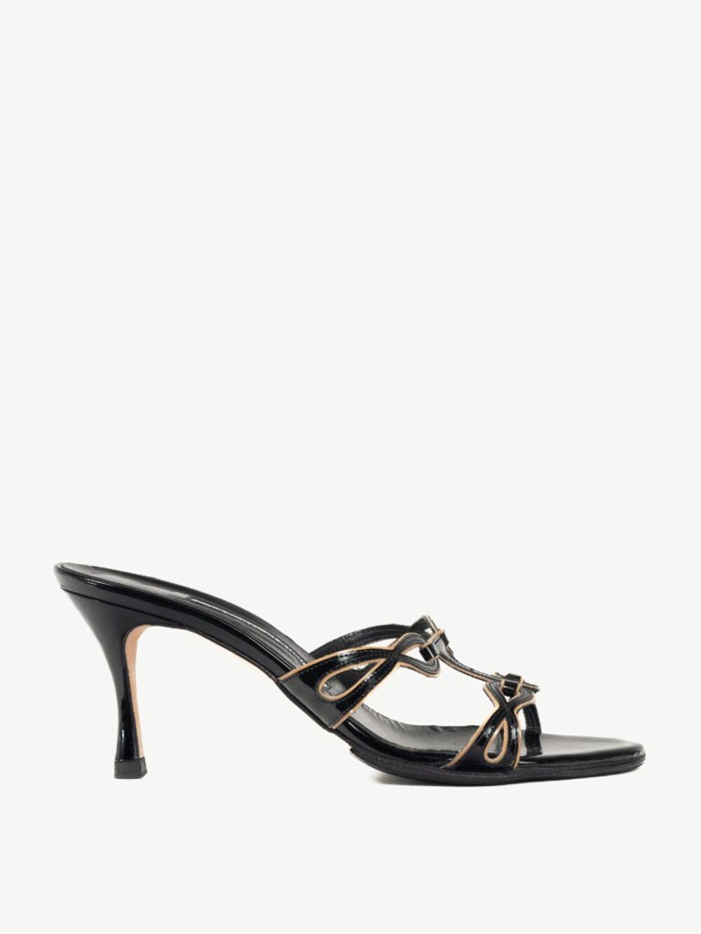Manolo Blahnik Black Patent Cutout Piped Mule Sandals